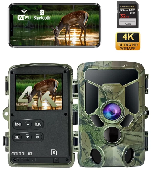 Caméra et Moniteurs de Chasse 64MP 1296P avec Son et Vision Nocturne,Détecteur de Mouvement No Glow 940nm Infrarouge IP66 Étanche|A323 Vert foncé