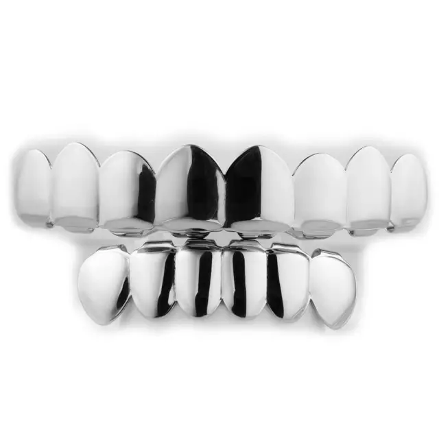 18K White Gold Plated Silver Mouth GRILLZ 8 Tooth Top 6 Bottom Teeth JOKER Grill