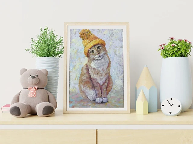 Dipinto gatto con cappello giallo Simpatico gatto Dipinti ad olio originali... 2
