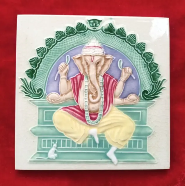1 Piece Old Art God Ganesh Ji Design Embossed Majolica Ceramic Tiles Japan 0344