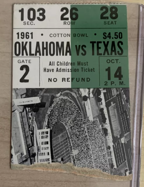 1961 Oklahoma Sooners Texas Longhorns Football Ticket Stub Cotton Bowl Dallas