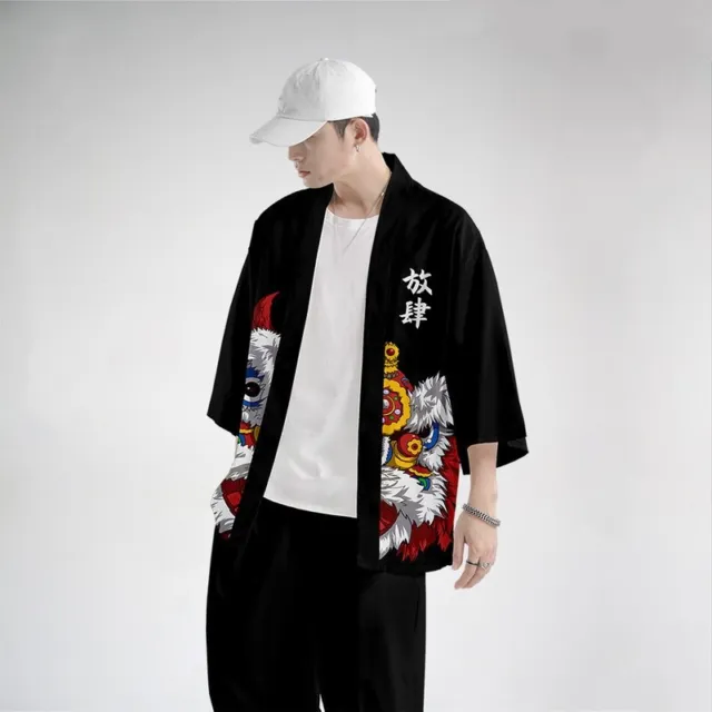 Uomo Kimono Cappotto Giacca Top Giapponese Yukata Larga Casual Leone Retrò Nero 6