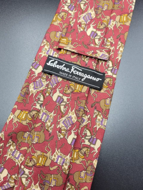 Salvatore Ferragamo Made In Italy Red Horse Animal Pattern Silk Tie