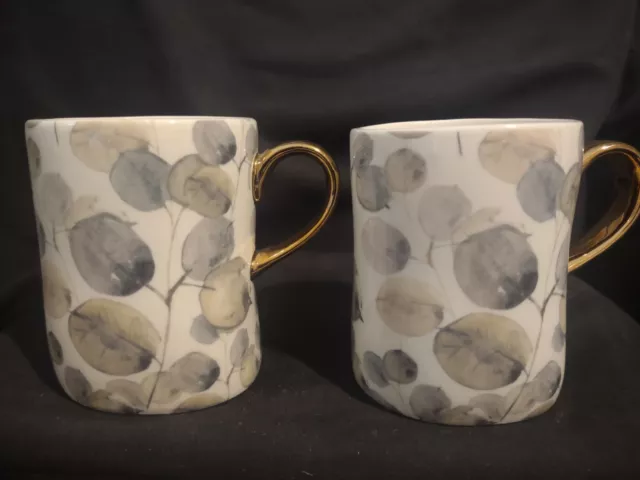 Pair of Pier 1 Imports Ceramic Coffee Tea Mugs Cups Leaves Leaf Gold Handle 4 ¼”