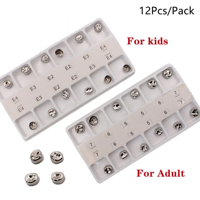 12Pcs Dental Preformed Crown Stainless Steel Metal Crown Primary Molar Adult/Kid