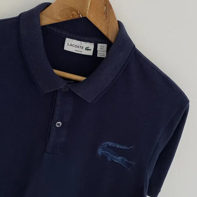 Lacoste Polo Shirt Size 5 L Large Mens Navy Blue Slim Fit Cotton Short Sleeve