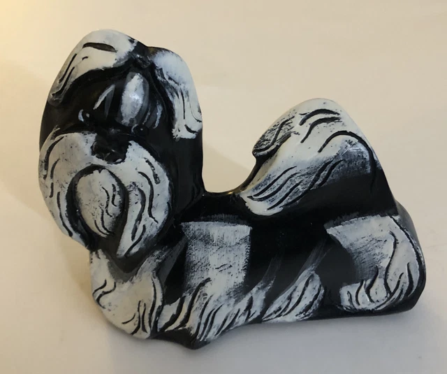 Lynda Pleet Menagerie Resin Black & White Shih Tzu Dog Folk Art Figurine NIB