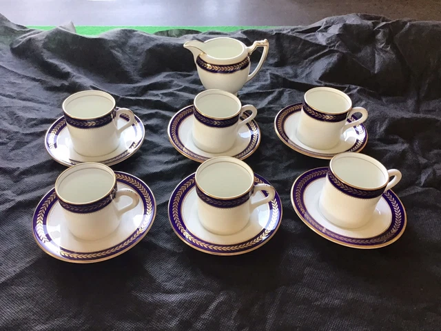 6 x Coalport Blue Weizen Kaffeetassen und Untertassen plus Mlik Kanne