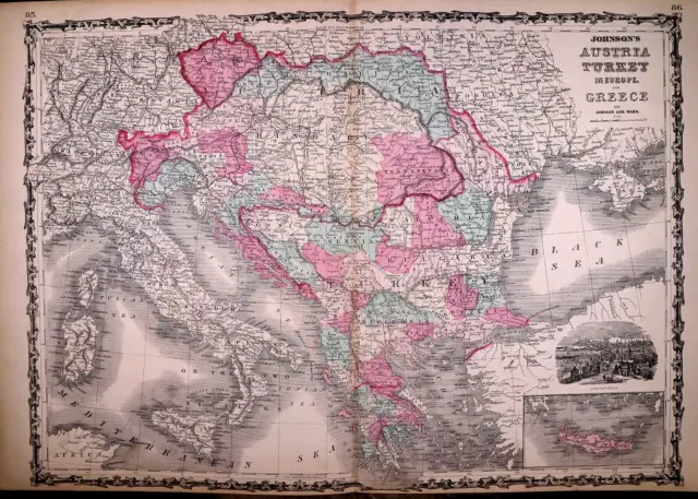 1863 Map ~ AUSTRIA, TURKEY, GREECE, ITALY ~ Johnson & Ward (18x23)-#1732