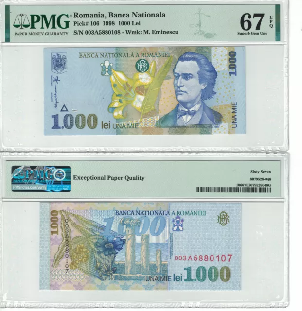 Romania 1000 Lei 1998 Pick# 106 PMG: 67 EPQ GEM UNC. (#2641)