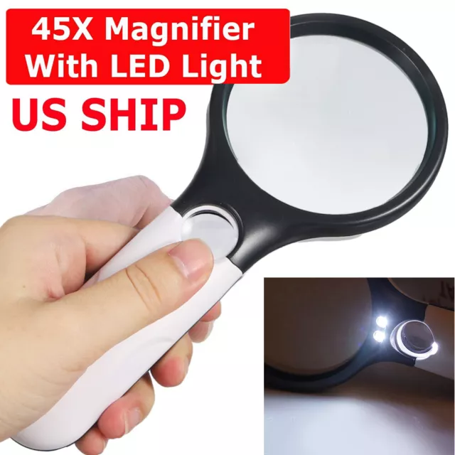 45X Magnifying Glass Handheld Magnifier 3 LED Light Reading Jewelry Loupe
