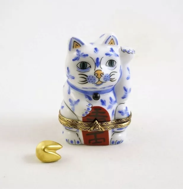 Nueva caja de baratijas francesa Limoges gato de la suerte japonés Maneki-Neko con galleta de la fortuna