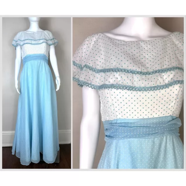 Vintage 1970s Blue and White Swiss Dot Maxi Dress 70s Pastel Polka Dot Prairie