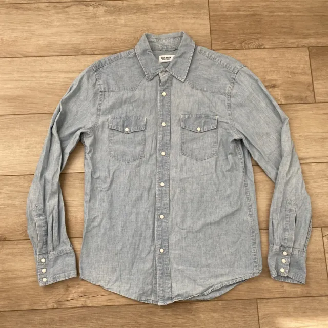 Buck Mason Mens M Wash & Wear Denim Western Wear Oxford Button Snap Down Shirt