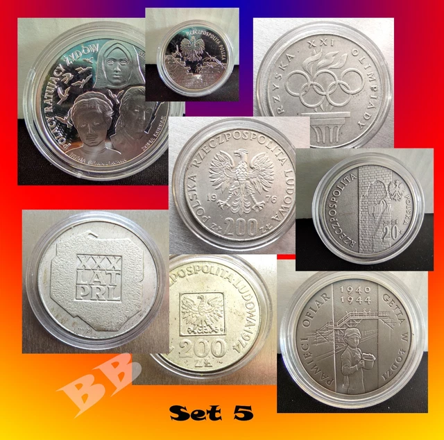Set 5: 4 Münz.20zł 2004,200 Zl. 1976 Olimp,200 Zl. 1974 PRL,20zł 2009 Pol.,PP,AG