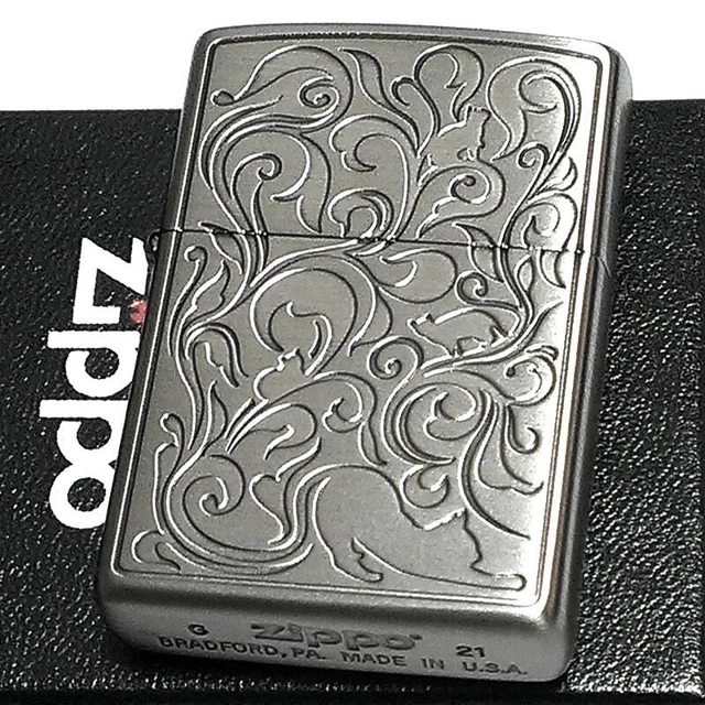 Zippo Oil Lighter Arabesque Cat Antique Silver Etching Regular Case Japan