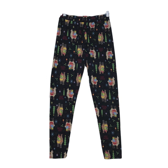 Llama SHOSHO Merry Christmas Black Stretch Leggings Womens L Large Elastic Waist