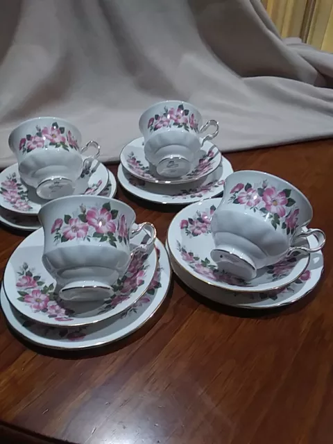 Vintage Queen Anne Bone China Floral Tea Set Trio Pink Flowers