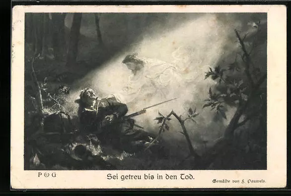 Jesus mit Dornenkrone tröstet gefallenen Soldaten, Ansichtskarte 1914
