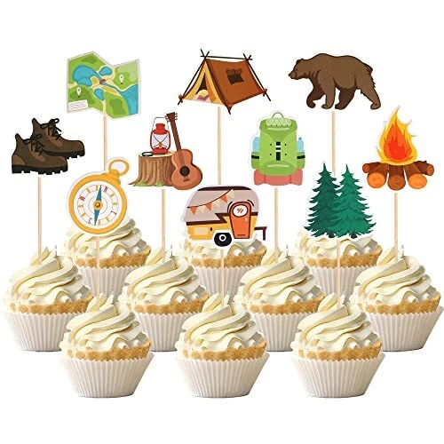 30 PCS Camper Themed Cupcake Toppers Tree Bear Tent Bonfire Guitar Cupcake Pi...