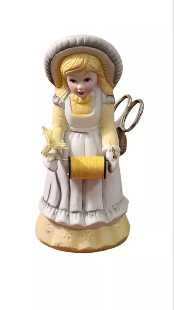 Vintage Girl Figurine Yellow Dress Holding Thread Pincushion Pin Cushion  Hat