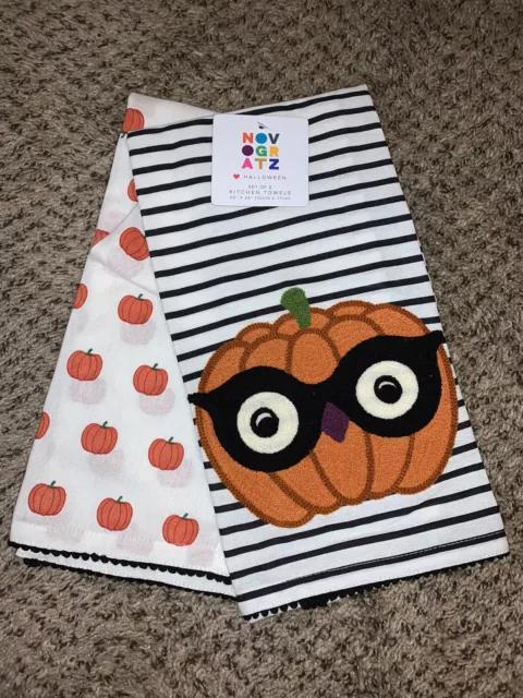 NOVOGRATZ Halloween PUMPKIN Kitchen Dish TOWELS Thanksgiving Set Of 2 NWT