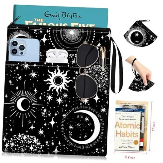 Slohif Book Sleeve Pouch Book Cover Protector with Zipper Black Book Sun Moon