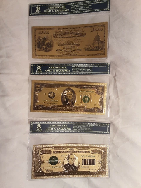 99.9 % Pure K Gold Color Enhanced Banknote A (2, 10,000 And 1,000) Note. 99.9 % Pure K Gold Color Enhanced Banknote A (2, 10,000 And 1,000) Note.