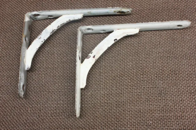 2 Old Shelf Support Brackets 4 X 5" Rustic White Silver Paint Vintage Industrial
