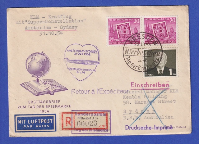 DDR Lp-R-Drucksache ab DRESDEN mit KLM von Amsterdam nach SYDNEY, 23.10.54