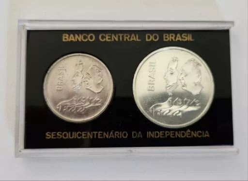 Brazil 20 & 1 Cruzeiros Silver 1972 UNC 150th Anniversary Independence Coins