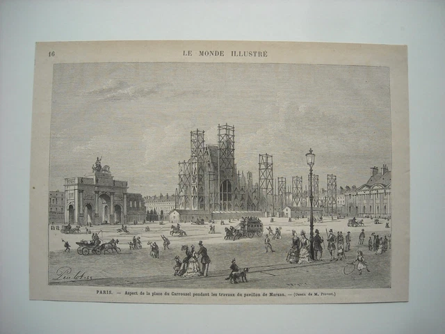 Gravure 1877. Paris. Aspect Place Du Carrousel Travaux Du Pavillon De Marsan.