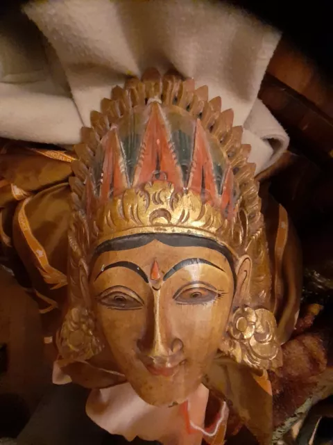 ANCIENNE STATUE-MASQUE ASIE TETE   Polychrome THAILANDE en bois peint fait mains