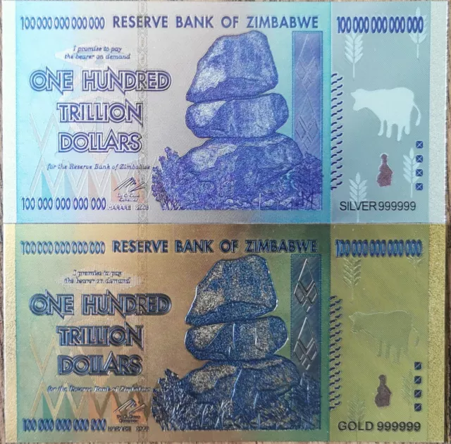 Lot 2 billets 100 Trillion Dollars ZIMBABWE - polymer gold silver - or et argent