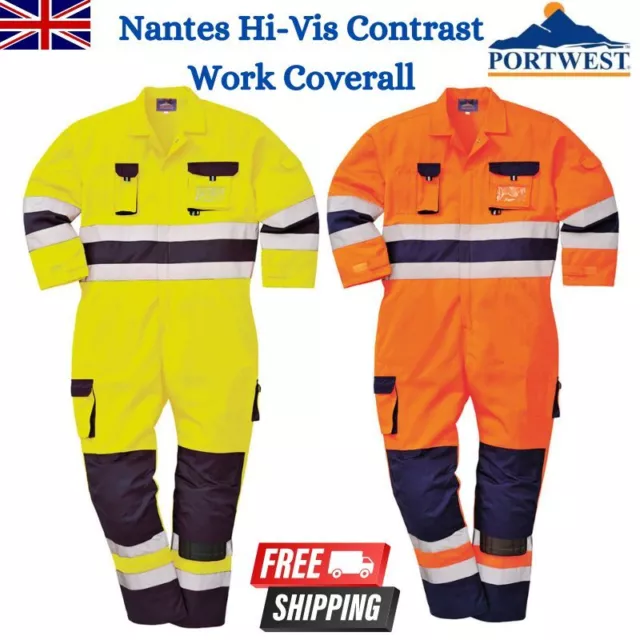 Portwest Nantes Hi Vis Coverall Overall Knee Pad Pockets Outdoor Safety Workwear