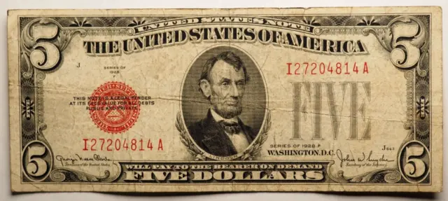 1928 **F** 5 Dollar United States Note  **Red Seal** - Free Shipping! #0350