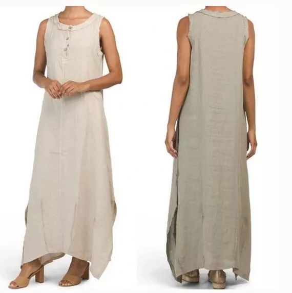 Contessa Teresa Italian made maxi linen dress with pockets, Taupe, Size S