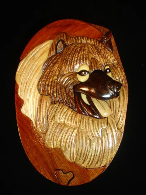 Hand crafted 3D Intarsia Wood Art KEESHOND Dog Puzzle Wooden Box