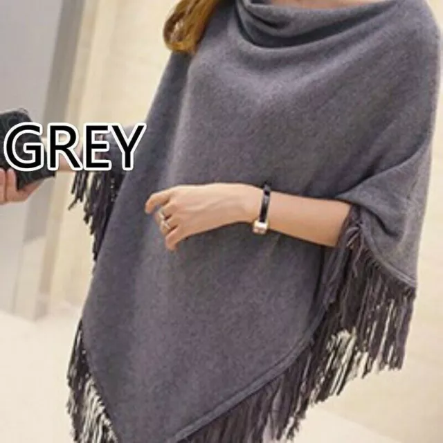 Women Knitted Poncho Wrap Shawl Cape Blouse Batwing Sleeve Tassel Winter