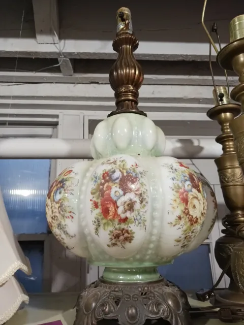 Vintage Lamp Table  Parlor Bubble Glass Brass 3 Way Light Floral Design