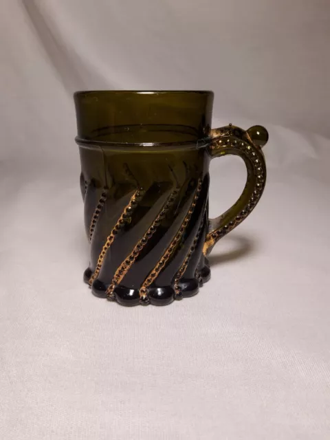 EAPG Puritan Westmoreland Green & Gold mini mug with handle, 3" tall swirl sides