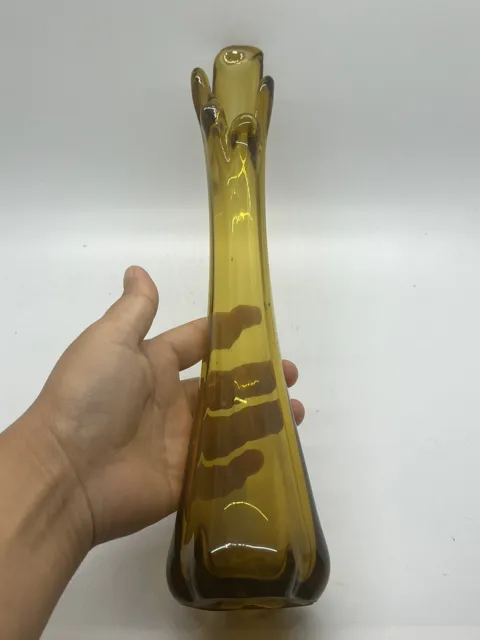 Vintage Mid Century Modern Amber Swung Art Glass Stretch Vase 1ft Hand Blown MCM
