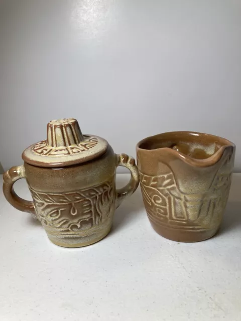 Frankoma Mayan Aztec Desert Gold creamer and covered sugar bowl