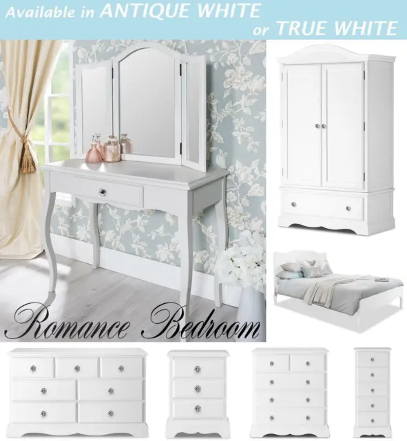 White Bedroom Furniture French Chest of Drawers, Bedside, Wardrobe, ROMANCE Bed