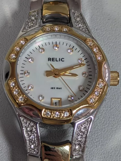 Relic Pearlized Dial Date Indicator Crystal Accent Two Tone Stainless Watch