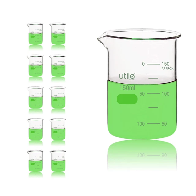 10pcs of 5.1oz(150ml) Low Form Glass Beakers,Borosilicate 3.3 Glass with Printed