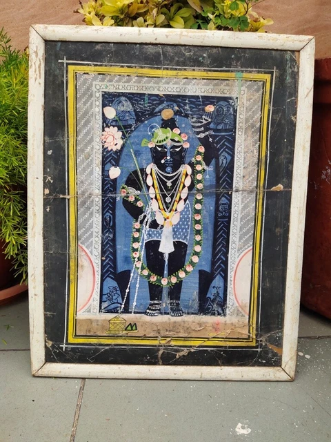 Vintage Old Art Beautiful Hindu God Dwarkanath Ji Fine Acrylic Painting Framed