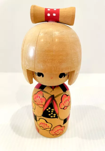 Japanese Wood Kokeshi Doll Yellow & Orange Flowers On Kimono By Genji Yamada !