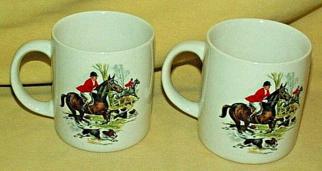 Hunt Club Mug Set 2 Steeplechase Hunting Beagle Dog Coffee Tea Cup Horse Run.