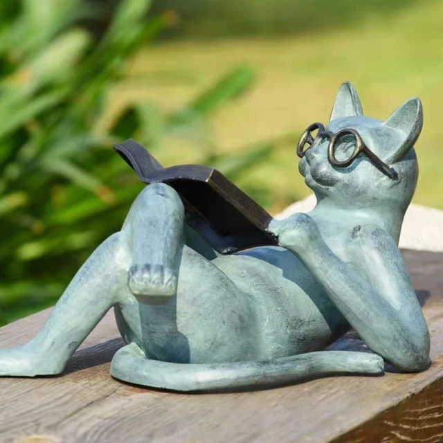Harz Katze im Freien mit Gläsern Lesen Buch Statue Rasen Ornament Decor |